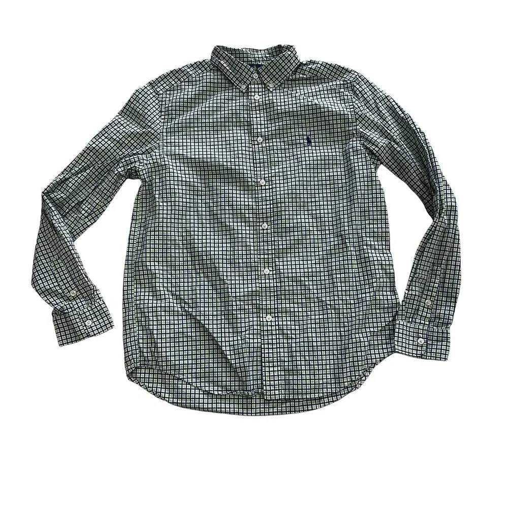 Ralph Lauren Boy's XL Green Blue White Plaid Long Sleeve Button Down Dress Shirt